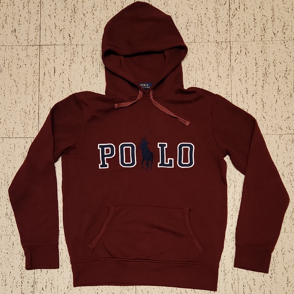 Polo Ralph Lauren Burgendy Spell Out  Big Pony Logo Pullover Hoodie Sweater